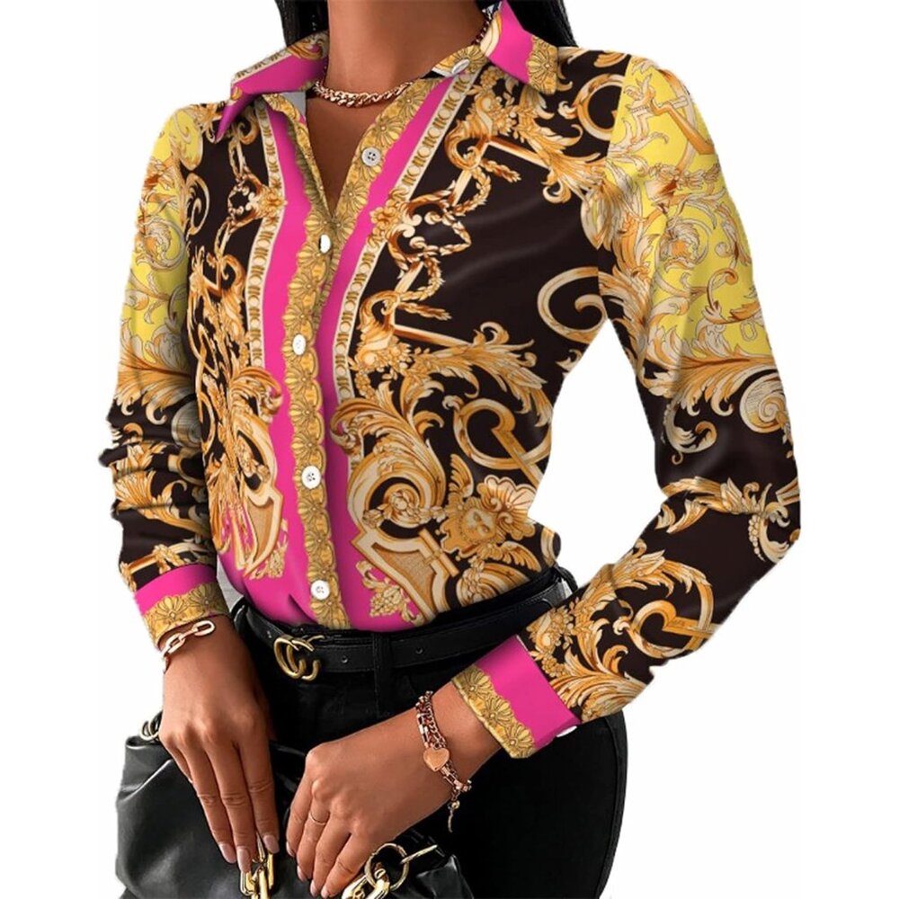 Women Yellow Button Down Shirts Colorful Long Sleeve Floral Print Loose Sexy Top